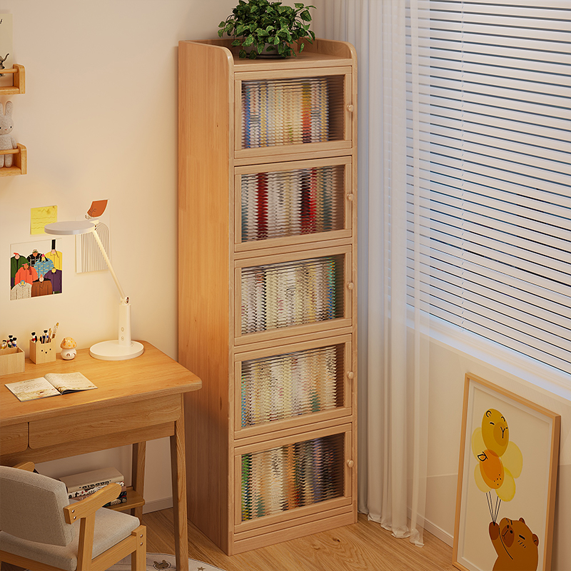 实木书柜转角防尘储物柜一体落地儿童书桌旁置物架飘窗收纳窄柜子