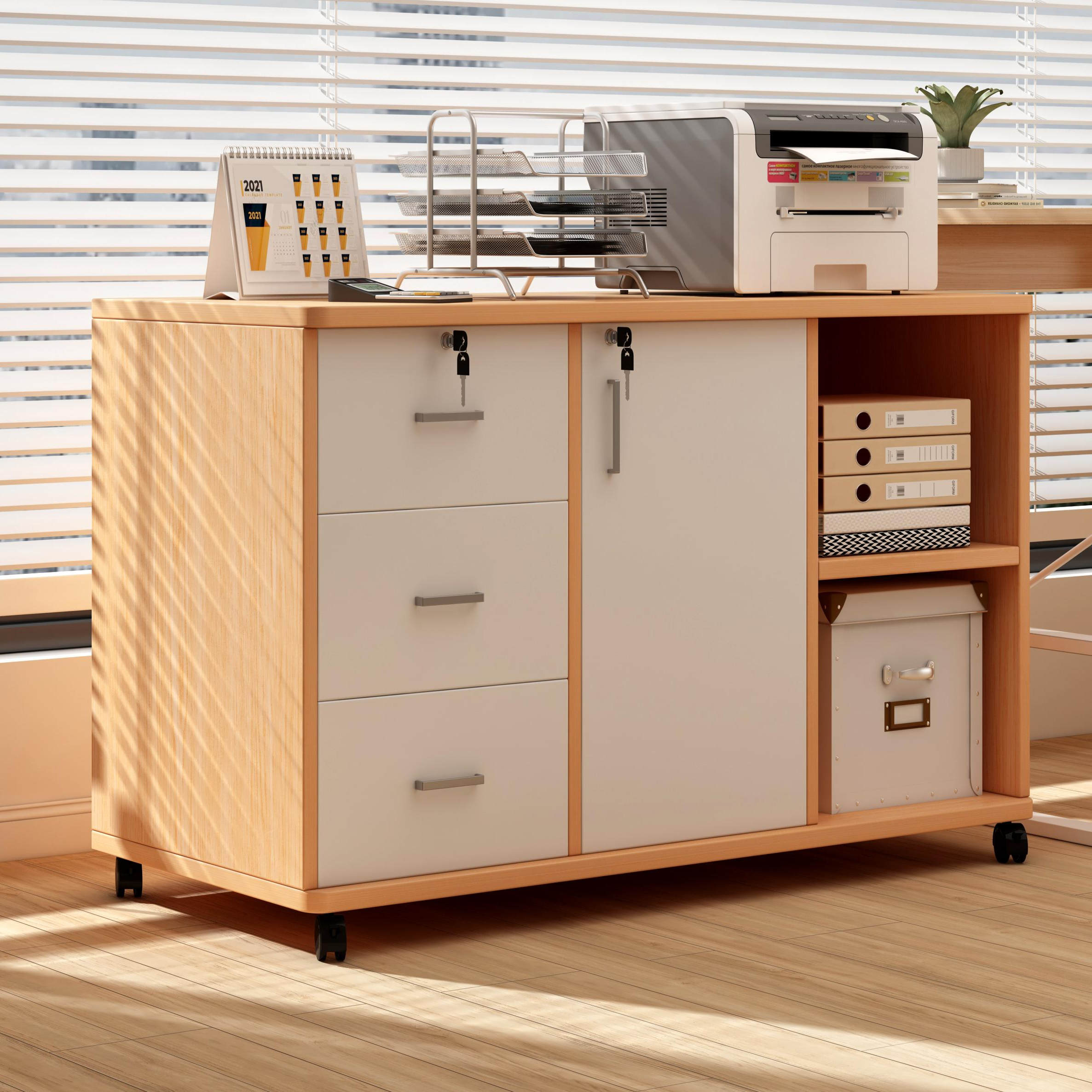 简约柜子办公文件柜木质储物柜家用带锁置物柜带轮移动矮柜边柜