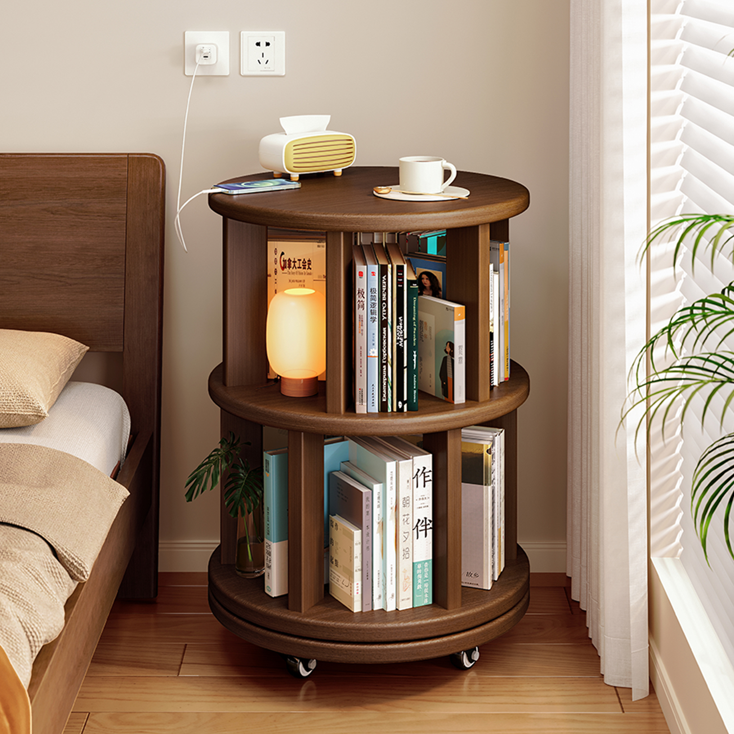 床头旋转书架床头柜替代品高级感美式实木储物柜转角可移动置物架