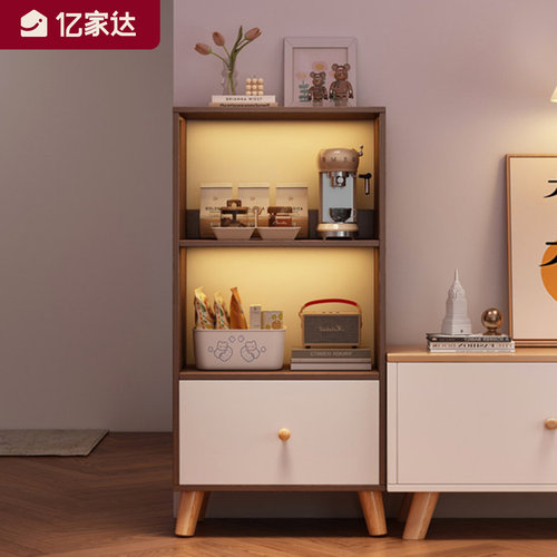 电视柜旁书架落地置物架家用简易书柜带柜门客厅窄柜立柜收纳柜子