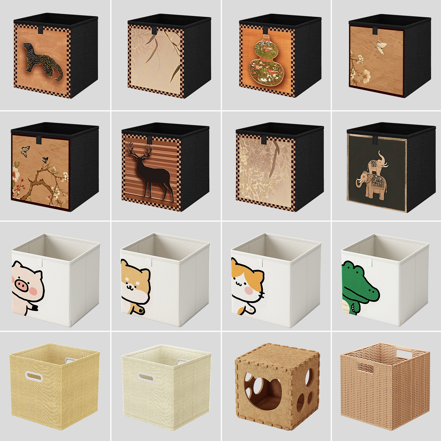 杂物收纳筐藤编布艺动物图案正方形储物盒格子置物箱柜子架子配套