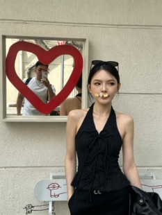 小众复古绑带 挂脖削肩立体抽绳露背背心设计感百搭上衣女夏
