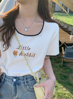 2026夏季新款灰色韩版花边设计感撞色方领短袖T恤女纯棉上衣ins潮