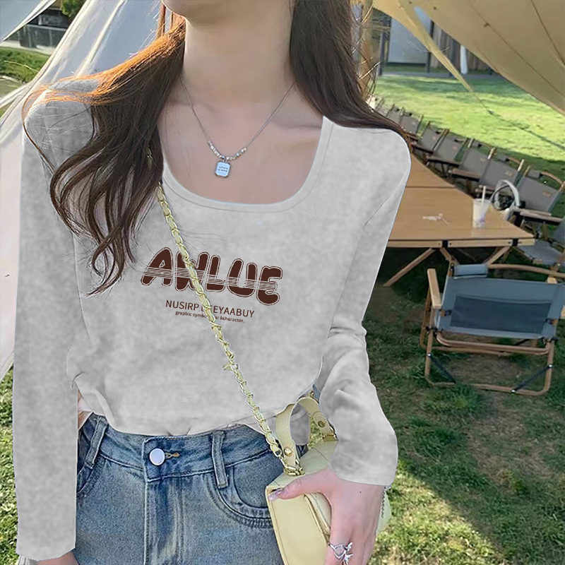 2025新款春秋季简约时尚别致方领纯棉白色长袖t恤女上衣内搭打底