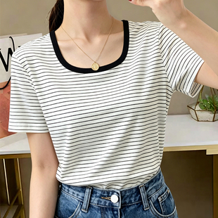 夏季新款韩系ins潮流松弛感黑白细条纹方领短袖女撞色低领百搭T恤