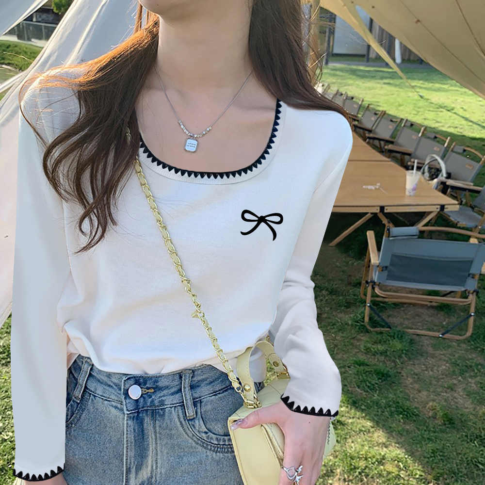 春秋纯棉方领打底衫长袖T恤女秋冬季内搭显瘦设计感撞色上衣外穿