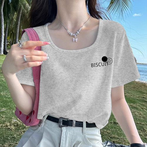 正肩方领t恤女短袖纯棉宽松显瘦2026夏季大领口内搭打底衫上衣