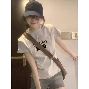 夏季 t恤女休闲纯色百搭洋气灰色上衣 2025新款 正肩圆领纯棉短袖