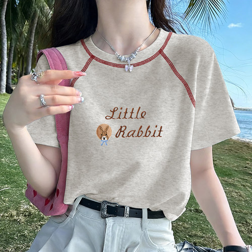 撞色插肩袖短袖T恤女夏季新款字母印花明线设计感百搭螺纹棉上衣
