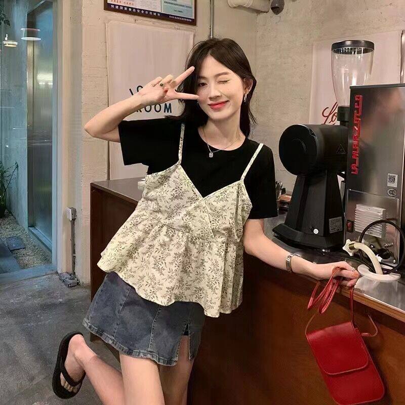 韩国货女装小碎花假两件短袖洋气