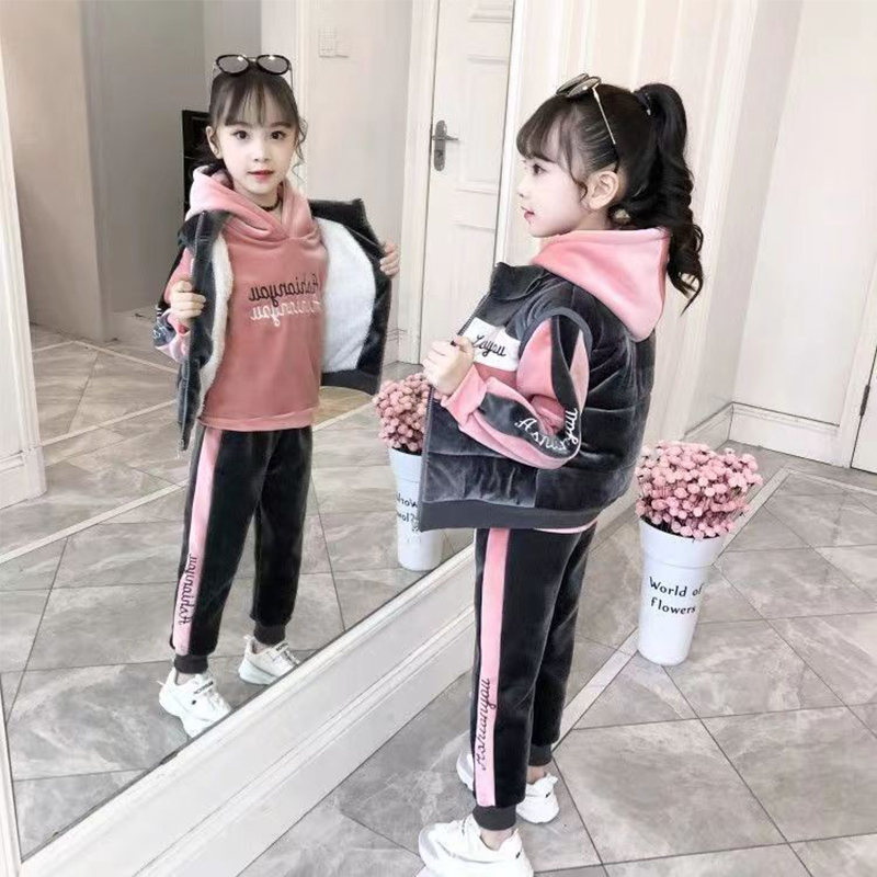 童装女童冬装套装2024新款儿童秋冬季加绒加厚女孩网红卫衣三件套