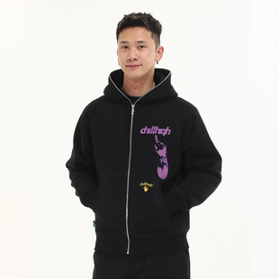 卫衣男女休闲宽松 拉链卫衣加绒加厚连帽开衫 ChillHigh 好多手指