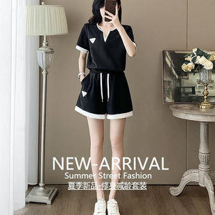 V领宽松时尚 纯棉休闲风运动套装 短袖 新款 两件套 女小个子2025夏季