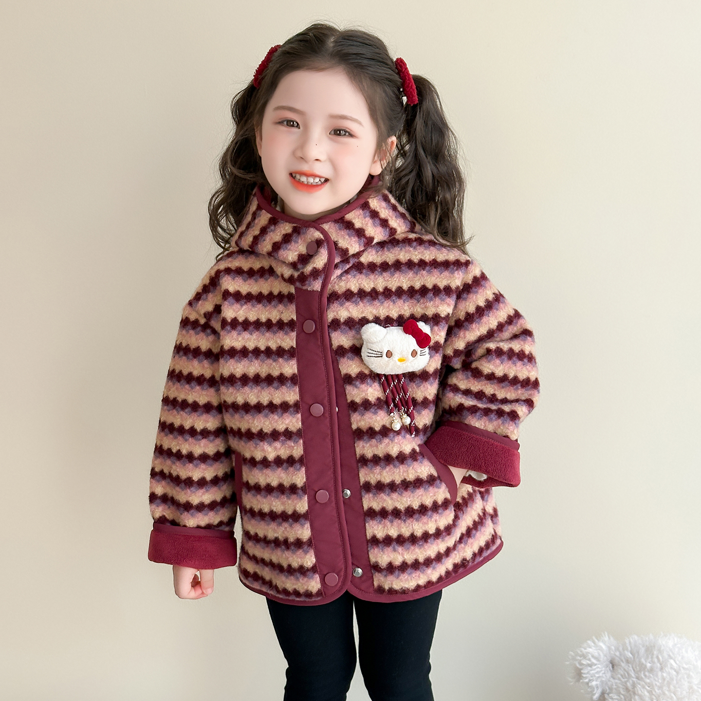 女童条纹加绒外套秋冬装2025新款宝宝呢子上衣儿童加厚冬季毛呢潮