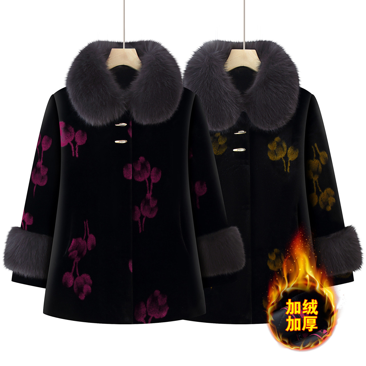 新款毛领加厚毛呢女中老年妈妈装中长款保暖外套高档奶奶装大衣女