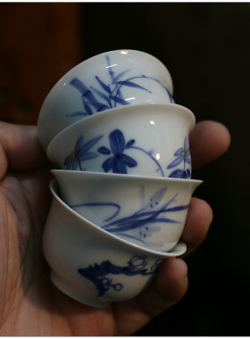 老瓷手彩梅兰菊竹工夫茶杯
