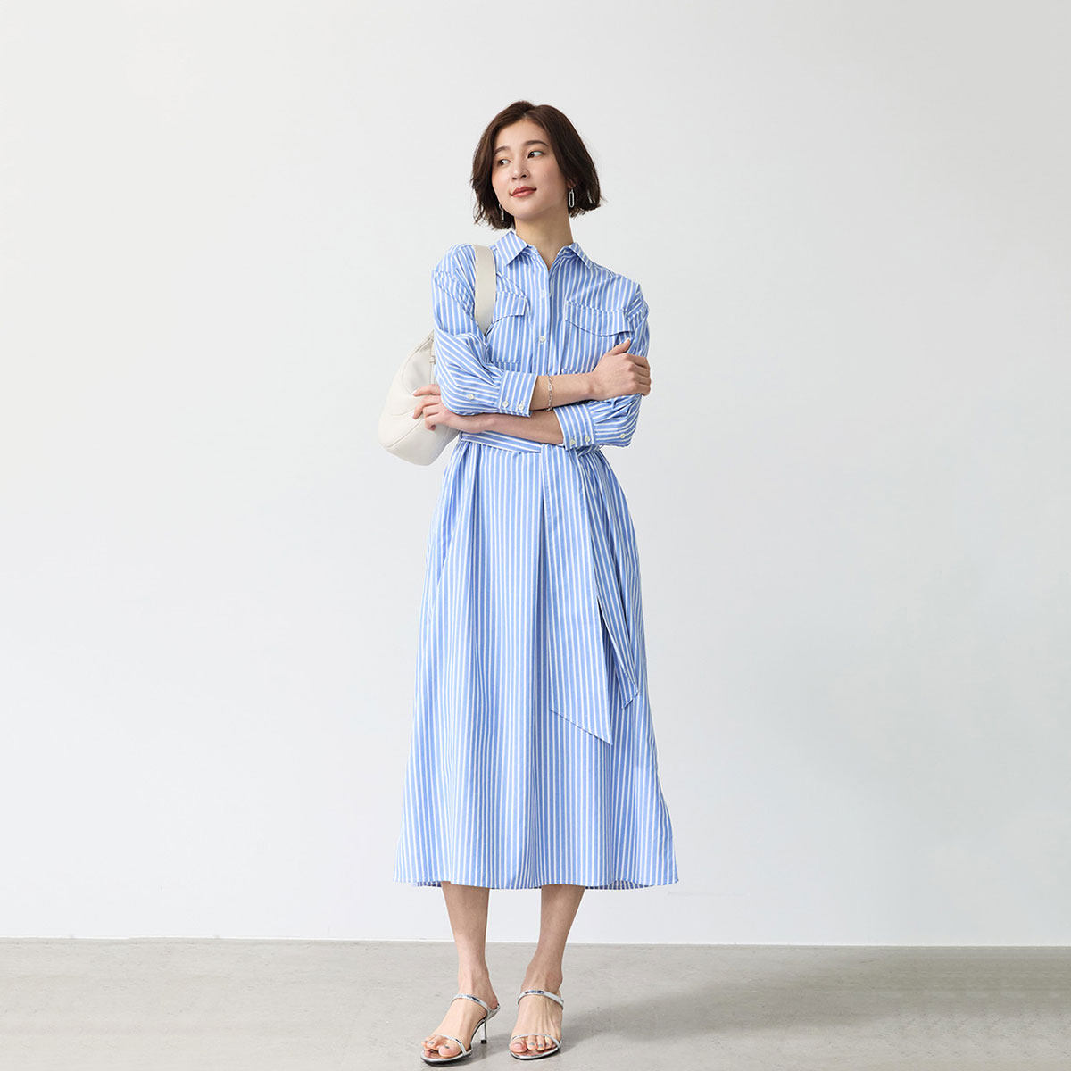 日单春夏新款条纹通勤收腰衬衫连衣裙