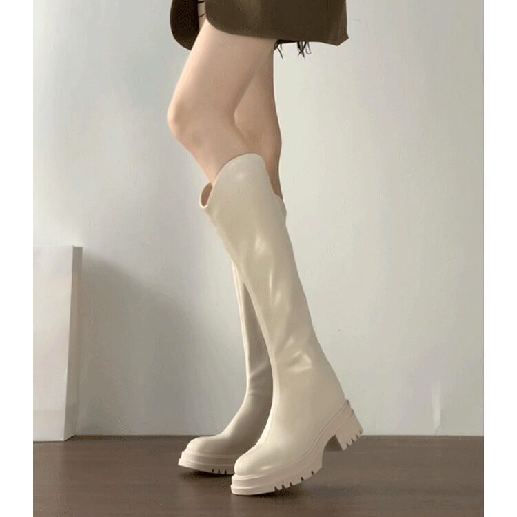 牛皮版~V口弹力高筒骑士靴高跟厚底长筒靴女不过膝靴子粗跟长靴子