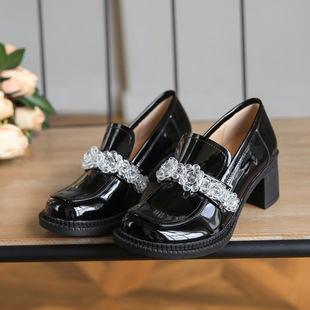 2024新款日系学院jk小皮鞋复古水晶冰花粗跟单鞋厚底增高乐福鞋女