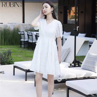 如缤RUBIN夏装女装莱赛尔中长款蕾丝刺绣连衣裙短袖6A24L68838