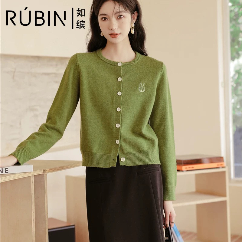 如缤 RUBIN冬季新款女纯色长袖针织衫圆领开衫6L52M63863-L