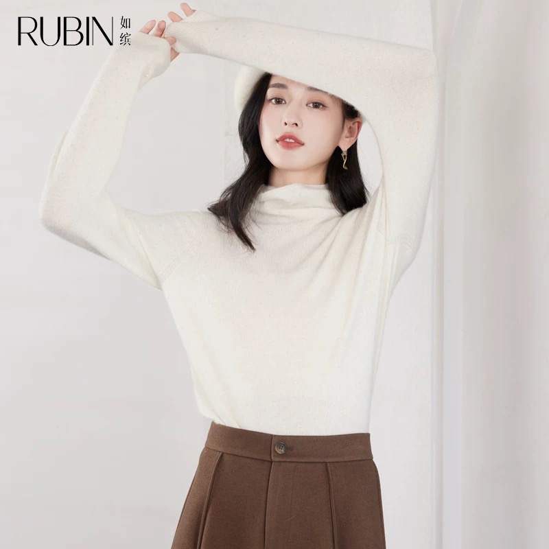 如缤RUBIN冬季新款女高领慵懒宽松100%绵羊毛针织衫6L54M68728