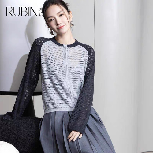 如缤RUBIN秋装新款女装长袖简约休闲镂空毛针织衫6A32M61117开衫