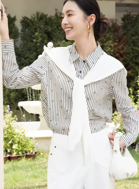 如缤RUBIN春装新款女装长袖条纹衬衫披肩上衣6A13C64201法式衬衣