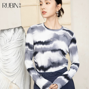 如缤RUBIN春装新款女条纹长袖套头圆领打底衫上衣6A11S63355