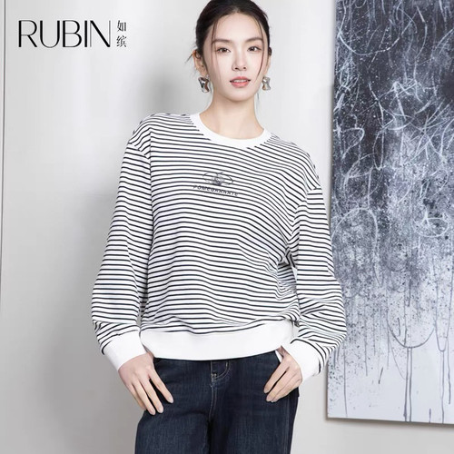 如缤RUBIN秋装新款圆领运动韩版长袖休闲条纹宽松卫衣6A32V61011