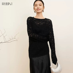 如缤RUBIN春装新款女纯棉长袖镂空圆领宽松针织衫6A12M64227
