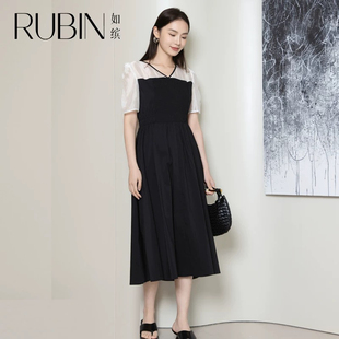 如缤RUBIN夏装新款女装中长款套头短袖圆领黑白连衣裙6A21L61893