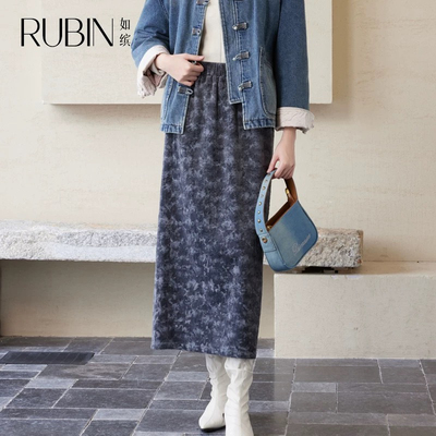 如缤RUBIN冬季新款女装百搭休闲高腰花色半身裙6L51Q61665