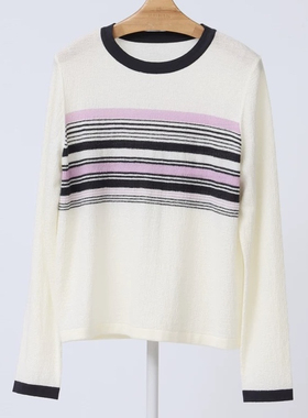 如缤RUBIN春装新款女装休闲长袖条纹套头毛针织衫6A11M61877