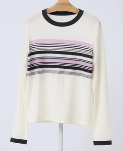 如缤RUBIN春装新款女装休闲长袖条纹套头毛针织衫6A11M61877