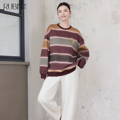 如缤RUBIN冬季新款圆领套头条纹长袖上衣宽松卫衣6L52V69298