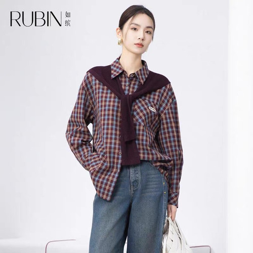 如缤RUBIN2秋装新款女装长袖衬衫红格纹宽松上衣衬衣6A32C69450
