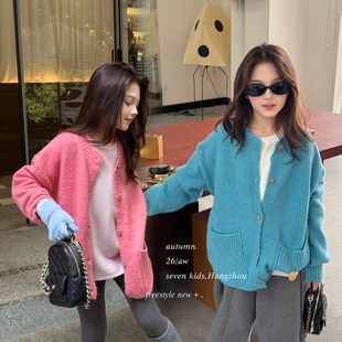亲子/柒号童仓女大童韩版甜美针织开衫秋冬装儿童宽松毛衣外套潮