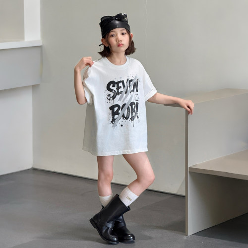 【亲子】柒号童仓女大童美式涂鸦印花短袖T恤夏装儿童设计感上衣