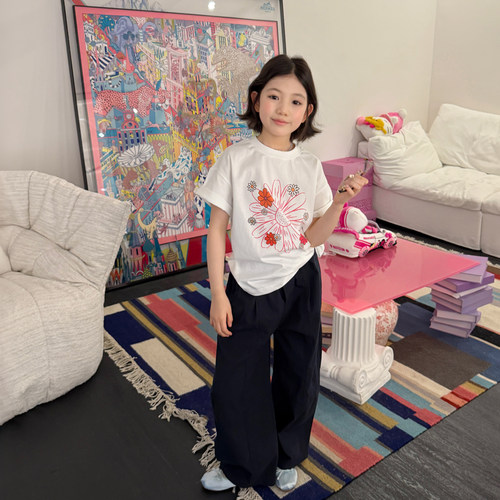 【亲子】柒号童仓女大童小雏菊印花短袖T恤夏装儿童圆领宽松上衣