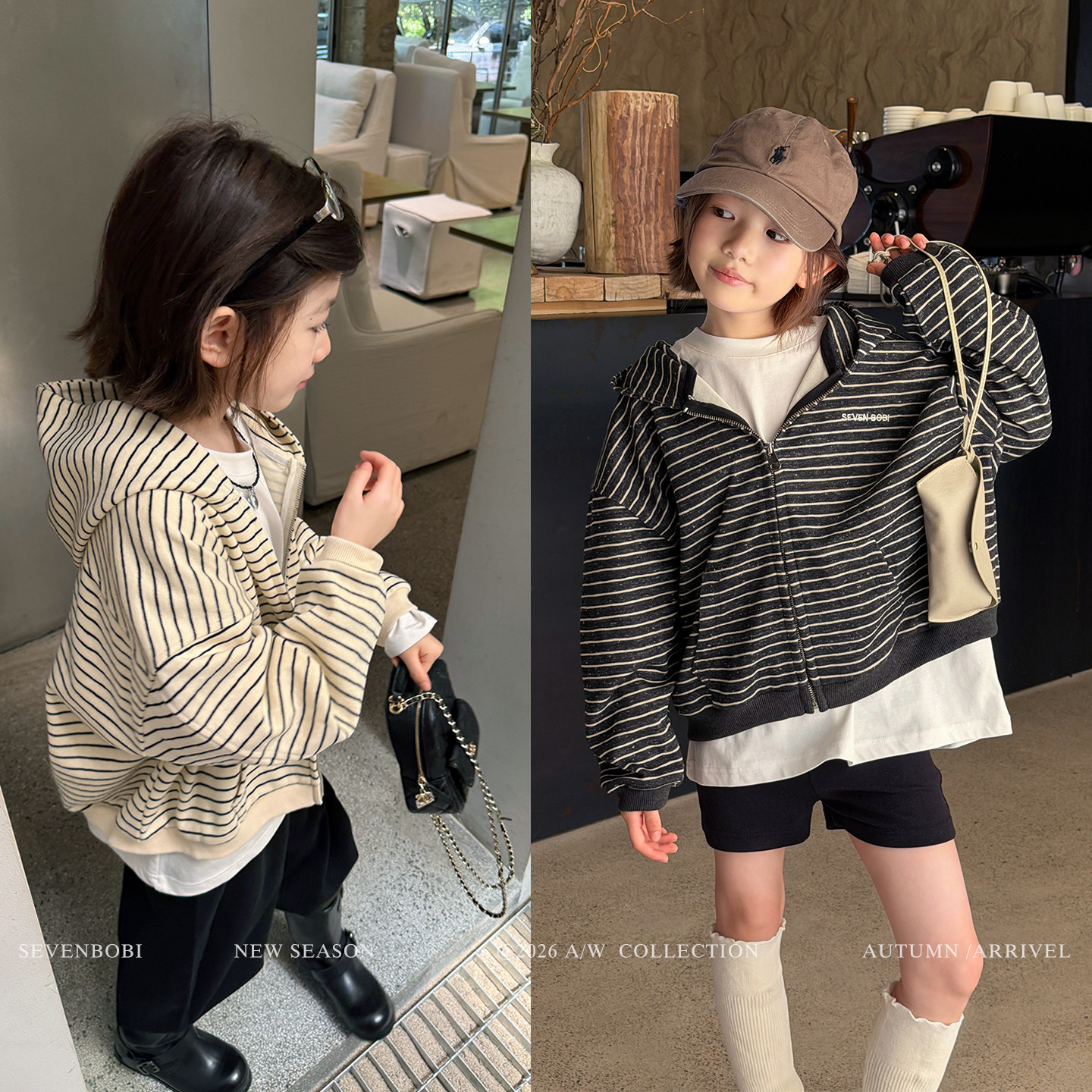 亲子/柒号童仓女大童韩版百搭条纹连帽外套秋装儿童时尚拉链上衣图片