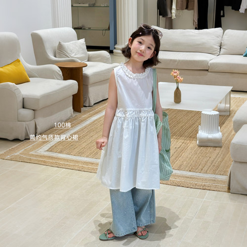 【亲子】柒号童仓女大童韩系背心连衣裙夏装新款儿童小白裙度假裙