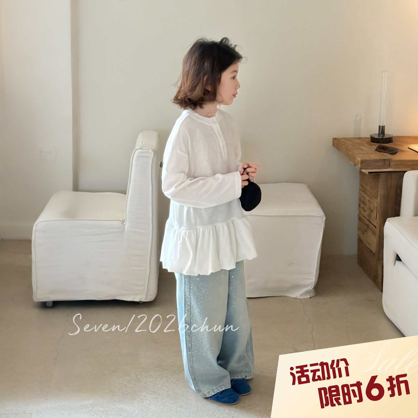 柒号童仓女大童韩版设计感花苞长袖T恤春装新款叠穿打底衫上衣潮图片