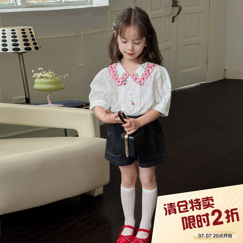 柒号童仓女童韩版刺绣短袖衬衫夏装新款儿童翻领泡泡袖休闲上衣潮