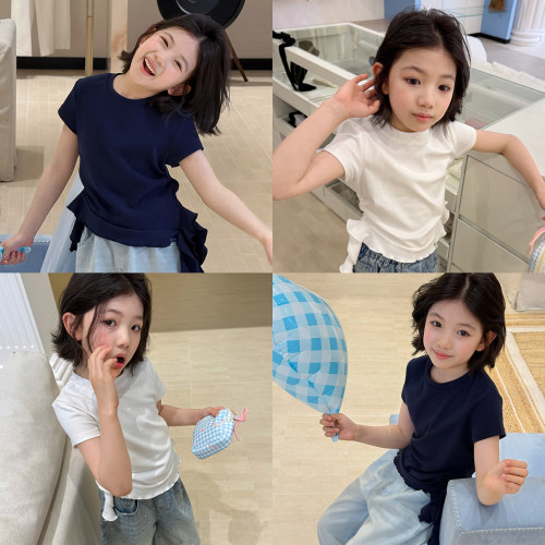 【亲子】柒号童仓女大童洋气飘带短袖T恤夏装新款儿童设计感上衣