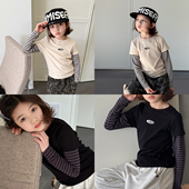 条纹拼接打底衫 上衣 T恤春装 新款 亲子 柒号童仓女童假两件长袖