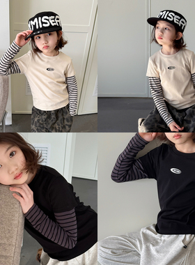 【亲子】柒号童仓女童假两件长袖T恤春装新款条纹拼接打底衫上衣