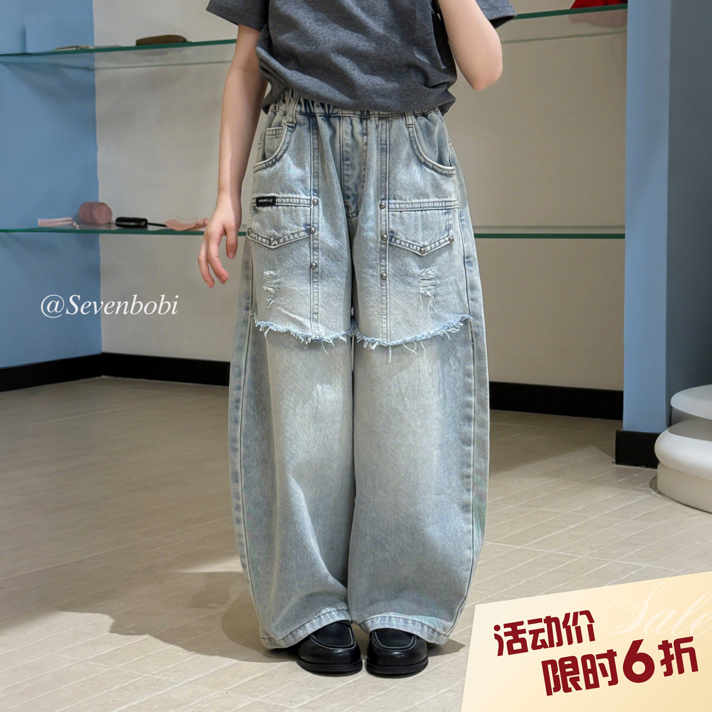 柒号童仓女大童美式假两件拼接弯刀牛仔裤春装儿童水洗宽松阔腿裤图片