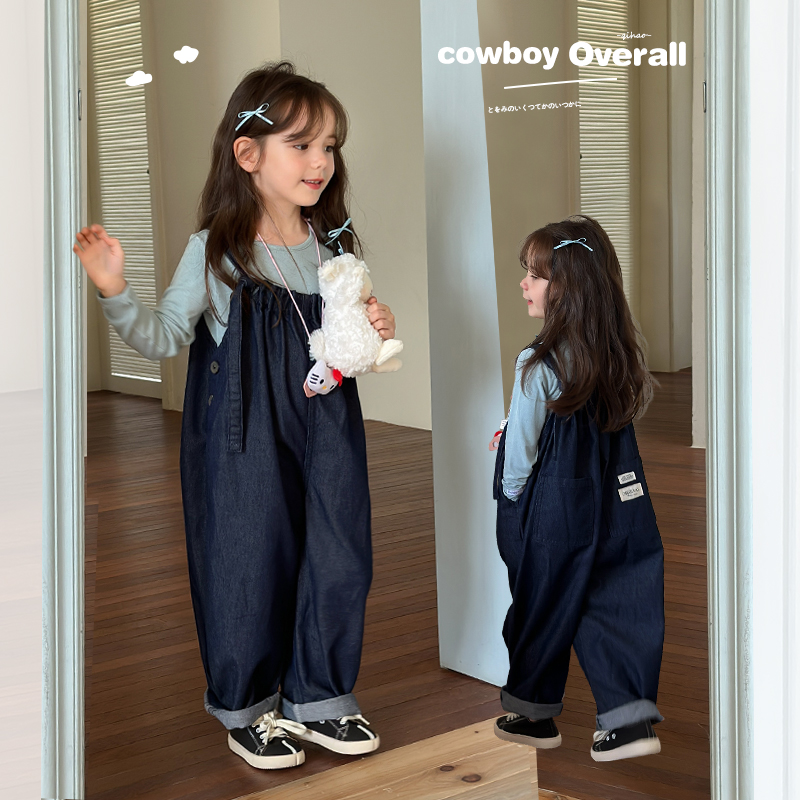 柒号童仓女童韩版洋气休闲背带裤秋装新款儿童宽松连体裤牛仔裤潮