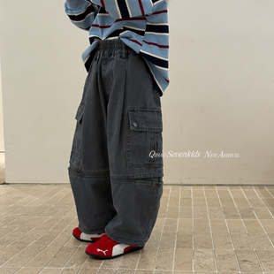 时髦工装 高腰休闲百搭阔腿裤 牛仔裤 新款 潮 秋装 柒号童仓女大童韩版